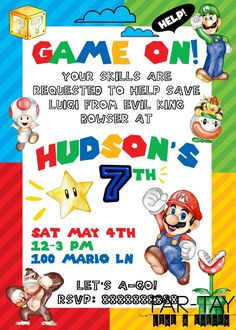 a mario birthday party poster with different characters