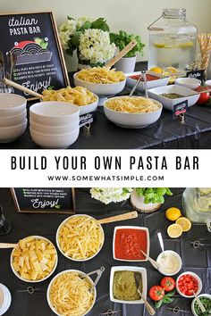 pasta bar set out on a table Build Your Own Pasta Bar, Dinner Party At Home, Easy Italian Pasta, Party Food Bars, Italian Party, Pasta Party, Pasta Bar, Party At Home