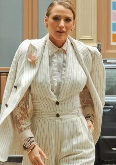 Blake Lively Outfits, A Simple Favor, Simple Favor, Blake Lively Style, Bustier Lingerie, Pastel Outfit, White Suit, Pinstripe Suit