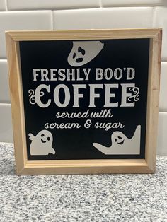 Freshly boo'd coffee  Wood sign Vinyl material Freshly Boo’d Coffee, Vinyl Signs Ideas, Christmas Signs Cricut, Purple Pantry, Coffee Wood Signs, Halloween Wood Crafts, Witch Candles, House Signs, Fall Halloween Crafts