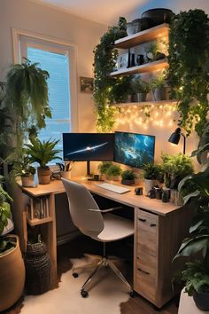 a home office with plants on the wall and a computer desk in front of it