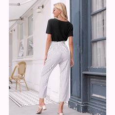 Never Worn, New With Tags. Black And White Striped Grace Karin Paperbag Pants With Belt. Size L. Perfect Condition. Original Price $38. Not See Through At All. Grace Karin Pants, Paperbag Pants, Striped Pants, White Stripe, Grey And White, Pant Jumpsuit, White And Black, Pants For Women, High Waisted