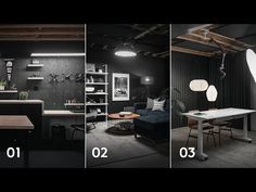 three different shots of a living room and dining room with black walls, dark furniture, white lighting