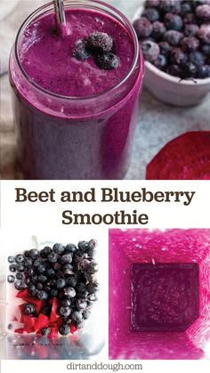 blueberry smoothie in a glass with berries on top and the words beet and blueberry smoothie above it