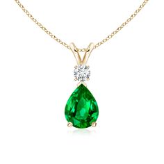 This classic solitaire pendant features a pear-shaped emerald, secured in a prong setting. A brilliant round diamond sits atop the lush green gemstone adding to the design's beauty. Simple yet alluring, this emerald pendant in 14k yellow gold is crafted with a lustrous v-bale. Sparkle Bracelet, Simple Diamonds, Classic Bracelets, Emerald Pendant, Emerald Necklace, Sapphire Bracelet, Teardrop Pendant, Emerald Earrings, Solitaire Pendant