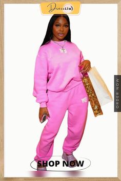 Plus Size Loose Pullover Sweatshirt Jogger Pants Suit Casual Crew Neck Sets For Winter, Casual Winter Sets With Crew Neck, Casual Pink Crew Neck Set, Casual Long Sleeve Bottoms Matching Set, Trendy Pink Crew Neck Set, Pink Relaxed Fit Sweatpants For Fall, Casual Relaxed Fit Pants With Matching Set, Pink Crew Neck Sets For Winter, Pink Crew Neck Winter Sets