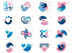 various logos designed to look like hands and heart shapes, with different symbols in the middle