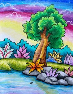 a painting of a tree and flowers by the water with rainbows in the background