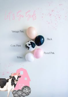 a cow is standing in front of balloons on the wall and it says let's go girls