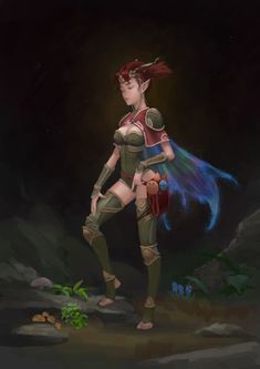 a woman with red hair standing in the middle of a cave wearing armor and holding a bag