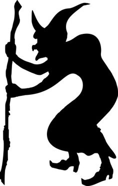 a black and white silhouette of a witch holding a broom