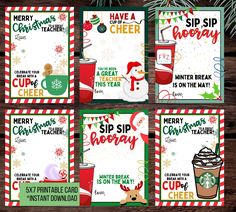 six christmas cards with coffee cups and santa's sleigh