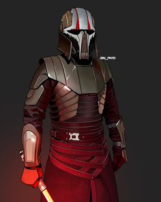 a star wars character with a red light saber in his hand and a helmet on