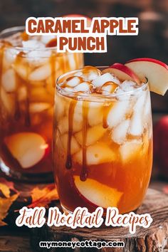 caramel apple punch with ice and apples on the side text reads fall cocktail recipes