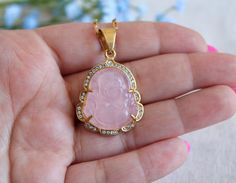 "❤︎ 18K GOLD FILLED Pink Jade Buddha Necklace | Jade Buddha Necklace Unisex | Waterproof | Buddha Laughing | Pink Buddha | Buddhism Religious ❤︎ 🌟...A B O U T...T H I S...I T E M... 🌟 ◾️ ~~Lead-free and Nickel-Free, a great choice for sensitive skins. ◾️ ~~Hypoallergenic. ◾️ ~~Tarnish-Free and our jewelry WILL NOT turn your skin black or green. ◾️ ~~WATERPROOF and SWEAT-RPOOF. ◾️ ~~Affordable, high-quality everyday wear jewelry. ...M A T E R I A L... ~~Pendants: 18k Gold FILLED Over Stainless Nickel Free Gold Crystal Necklace Gift, Gold Nickel-free Crystal Necklace For Gifts, Gold Nickel-free Crystal Necklace Gift, Nickel-free Gold Crystal Necklace As Gift, Nickel-free Gold Crystal Necklace Gift, Jade Buddha Necklace, Pink Buddha, Gold Buddha, Jade Buddha