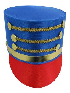 a blue and red hat with gold chains