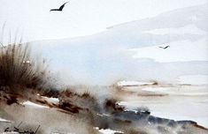 a watercolor painting of birds flying over the ocean and sand dunes on a cloudy day