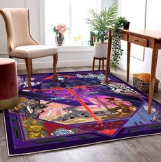 an area rug with cartoon characters on it in front of a desk and chair, next to a potted plant