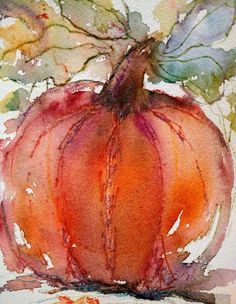 a watercolor painting of a pumpkin with leaves