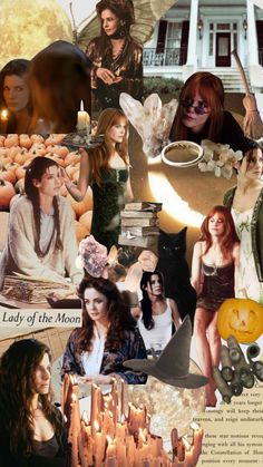 a collage of photos with candles and witches on them, including an image of a woman in a witch costume