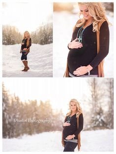 a pregnant woman standing in the snow with her hands on her stomach and wearing a black top