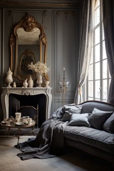 a living room filled with furniture and a fire place in front of a mirror on the wall