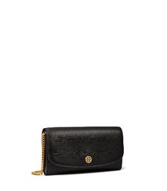 Directly from Tory Burch - A collection named for Tory's parents, Buddy and Reva Robinson. Inspired by their love of travel, the timeless and versatile silhouettes are designed for everyday use. The Robinson Chain Wallet is made of the highest-quality, scratch-resistant leather, updated with new rounded edges. Tory Burch Official Site. Tory Burch Keychain, Tory Burch Keychain Wallet, Luxury Black Wallet With Chain Strap, Tory Burch Cross Body Black Bag, Luxury Black Wallet On Chain With Gold-tone Hardware, Tory Burch Wallet, Tory Burch Robinson, Womens Designer Handbags, Wallet Chain