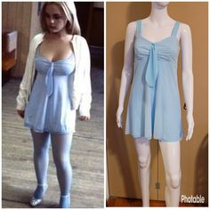 "Inspired by the Layla character in the movie Buffalo 66 **Please understand that my re-creations are only inspirations and not intended to look exactly the same as the original** It is made with a light blue stretch knit material with a sheer light blue fabric overlay. Made to Order Sizes: Bust XS- 31-33\" Bust S- 34-36\" Bust M- 37-39\" Bust L- 40-41\" Bust Waist XS- 25-26\" waist S- 27-28\" waist M- 29-30\" waist L- 31-32\" waist Hips XS- 33-34 S- 35-36 M- 37-40 L- 41-43 Please allow 2-3 week Layla Buffalo 66 Costume, Layla Character, Buffalo 66 Layla, Layla Buffalo 66, Blueberry Milkshake, Buffalo 66, Light Blue Fabric, Pretty Halloween, Multicolor Dress