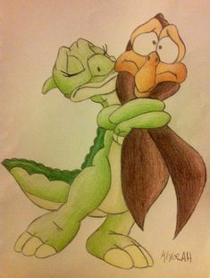 a drawing of a cartoon character holding an alligator's tail in his right hand