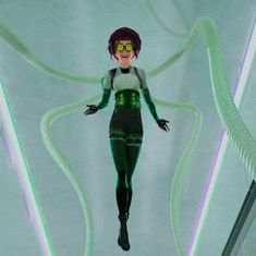 an animated woman in green and black clothes with glasses on her head is floating through the air