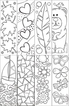 four different bookmarks with hearts, leaves and other things in the same pattern on them