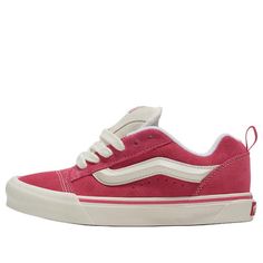 Vans Knu Skool 'Pink' VN0009QCBJ1 Suede Round Toe Sneakers For Skateboarding, Pink Sporty Skate Shoes With Vulcanized Sole, Pink Mid-top Sporty Skate Shoes, Sporty Mid-top Pink Skate Shoes, Sporty Pink Mid-top Skate Shoes, Retro Pink Sneakers For Skateboarding, Casual Pink High-top Skate Shoes, Vans Suede Sneakers With Branded Insole, Pink Vulcanized Sole Sneakers For Skateboarding