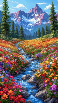 a painting of a mountain stream surrounded by wildflowers