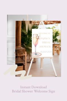 the bridal shower welcome sign is displayed on an easel in front of a potted plant