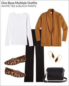 1 Base, 10 Outfits: How To Style Multiple Outfits With Black Pants And A White Tee - Winter White Pants Outfit, Outfits With Black Pants, Camel Color Outfits, Capsule Wardrobe French Style, Winter Jewelry Trends, Wfh Outfits, Outfit Pictures, Capsule Wardrobe Casual, Black Pants Outfit