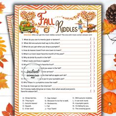 fall riddles printable for kids with pumpkins and leaves around it on a table