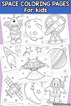 space coloring pages for kids with pictures of the planets, stars and rockets on them