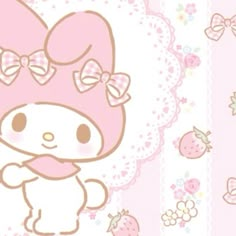 a pink hello kitty wallpaper with flowers and bows on it's head is shown