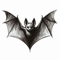 a black and white drawing of a bat with its wings spread out, on a white background