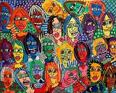 a painting of many people with different colored faces