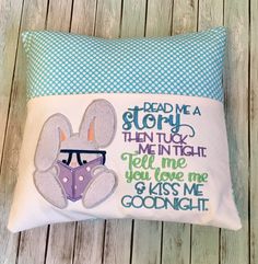 a pillow that has been made to look like a bunny with sunglasses and the words read me a story