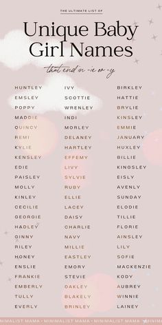 the unique baby girl names list is shown in pink and white with stars on it