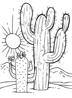 a black and white drawing of a cactus with the sun in the sky behind it