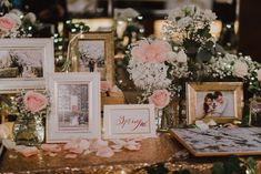 a table topped with pictures and flowers on top of a gold sequin covered table