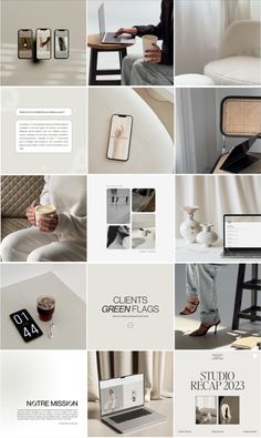 a collage of photos with various objects and text on them, all in white