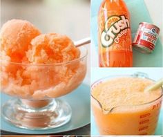 collage of orange dessert items in glass bowls with spoons and cans behind them