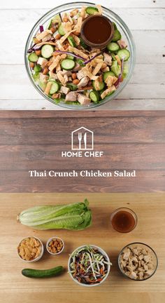 the ingredients for this chicken salad are arranged in small bowls on a wooden cutting board