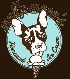 a black and white dog with an ice cream cone in it's mouth on a brown background