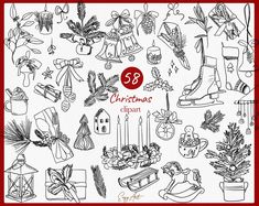 an image of christmas ornaments and decorations in black and white on a red square frame