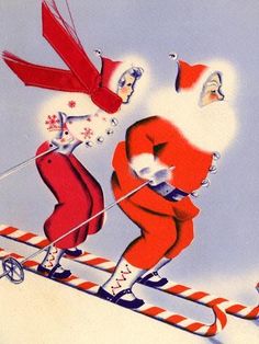 an image of santa claus skiing down the hill with his friend on skis and snowboard